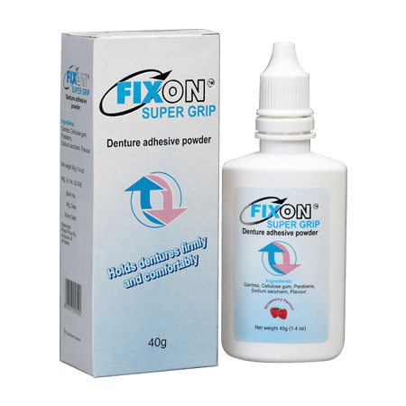 Fixon Supergrip adhesive Powder to Hold Dentures Securely All Day Long